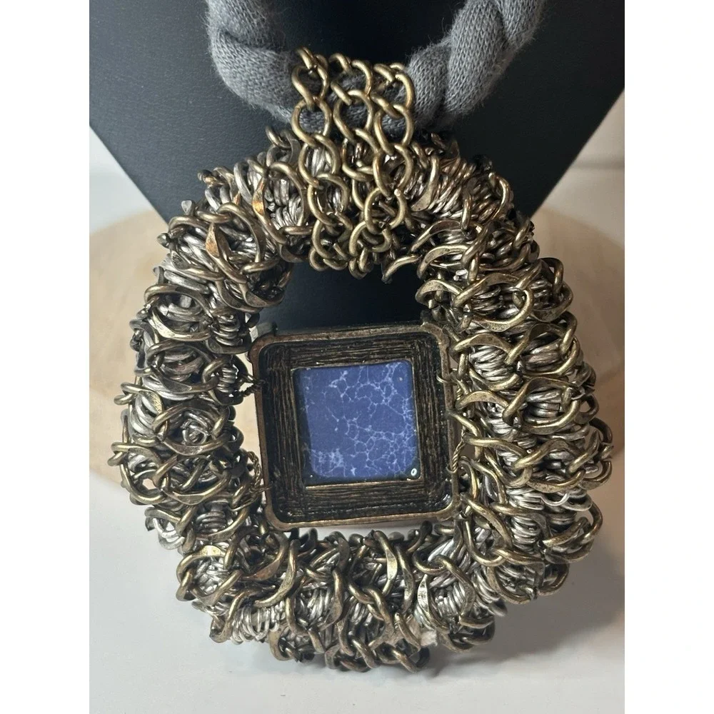 Artisan Statement Necklace Blue Glass Cabochon Rhinestone Pendant Boho